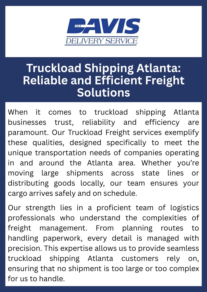 PPT - Truckload Shipping Atlanta Reliable and Efficient Freight Solutions PowerPoint Presentation - ID:14536476
