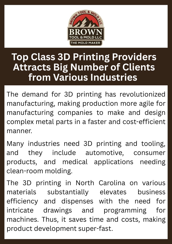PPT - Top Class 3D Printing Providers Attracts Big Number of Clients from Various Industries PowerPoint Presentation - ID:14523293