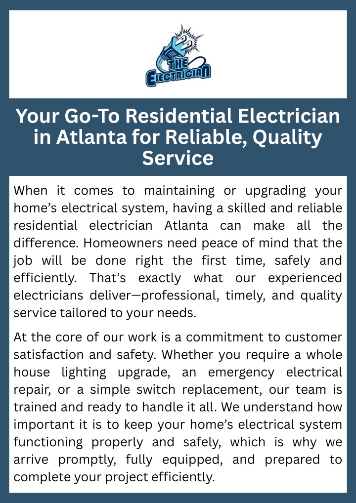 PPT - Your Go-To Residential Electrician in Atlanta for Reliable, Quality Service PowerPoint Presentation - ID:14561250