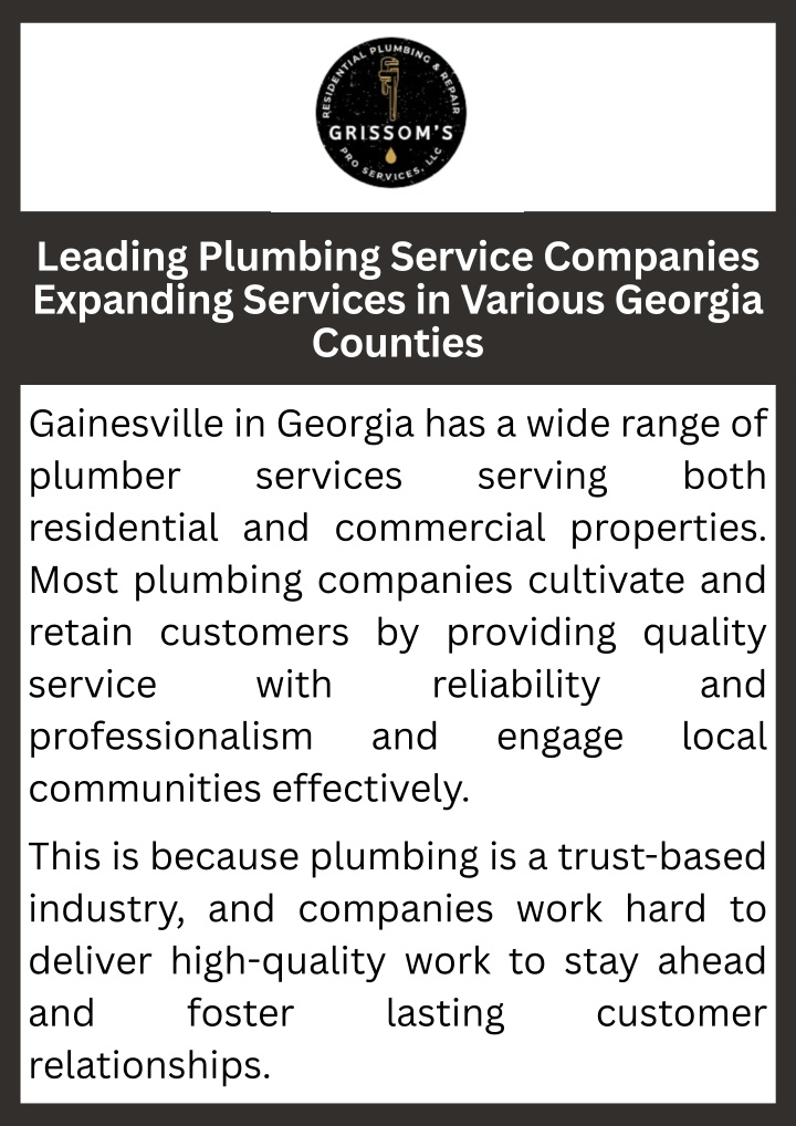 PPT - Leading Plumbing Service Companies Expanding Services in Various Georgia Counties PowerPoint Presentation - ID:14574746