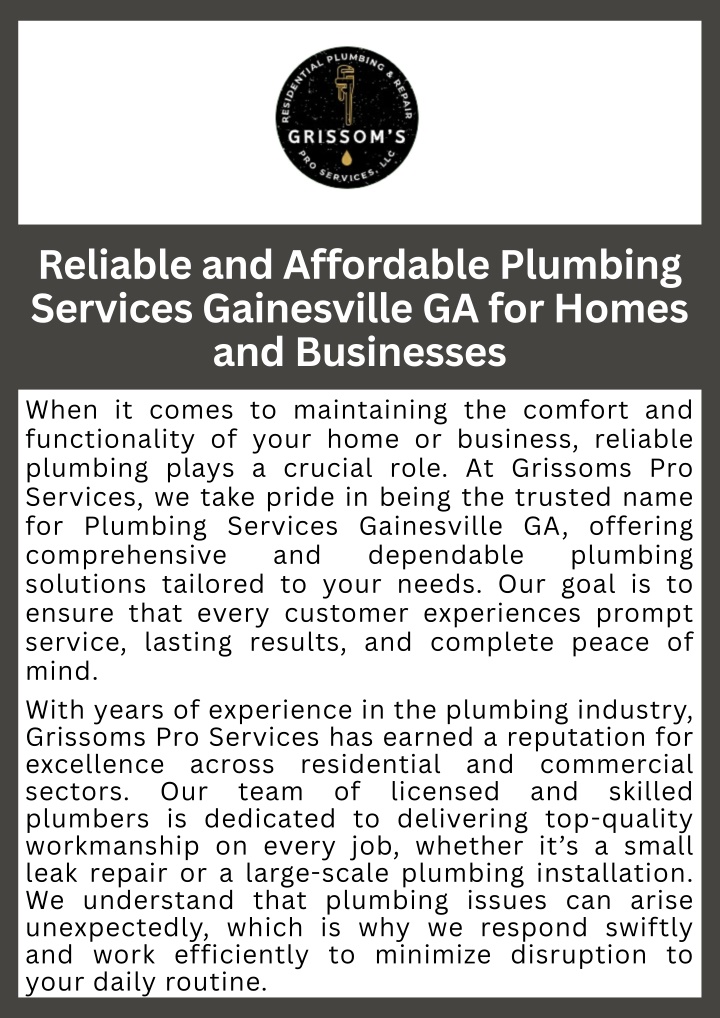 PPT - Reliable and Affordable Plumbing Services Gainesville GA for Homes and Businesses PowerPoint Presentation - ID:14644041