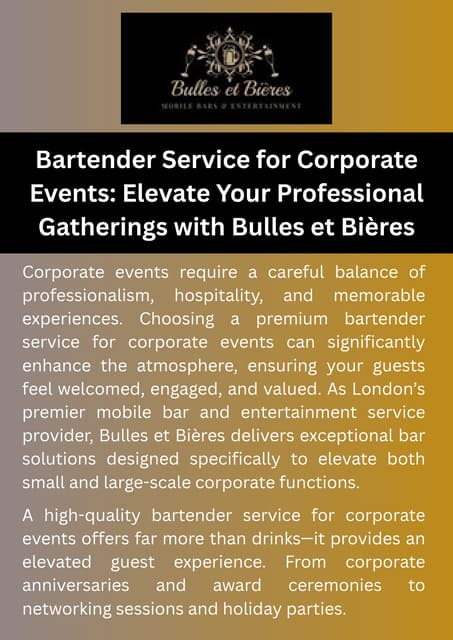 Bartender Service for Corporate Events: Elevate Your Professional Gatherings with Bulles et Bières | PDF