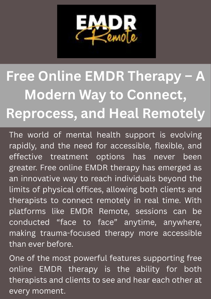 PPT - Free Online EMDR Therapy – A Modern Way to Connect, Reprocess, and Heal Remotely PowerPoint Presentation - ID:14695954