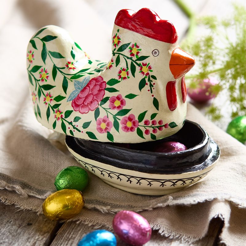 Easter Hen Pink & Ivory Flowers Hand-Painted Spring Décor